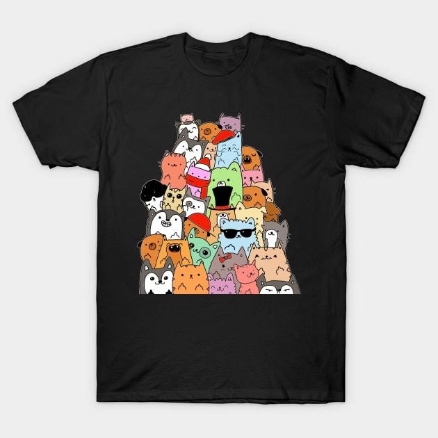 Cute Cats and Dogs Doodle T-Shirt by OneWeirdDude